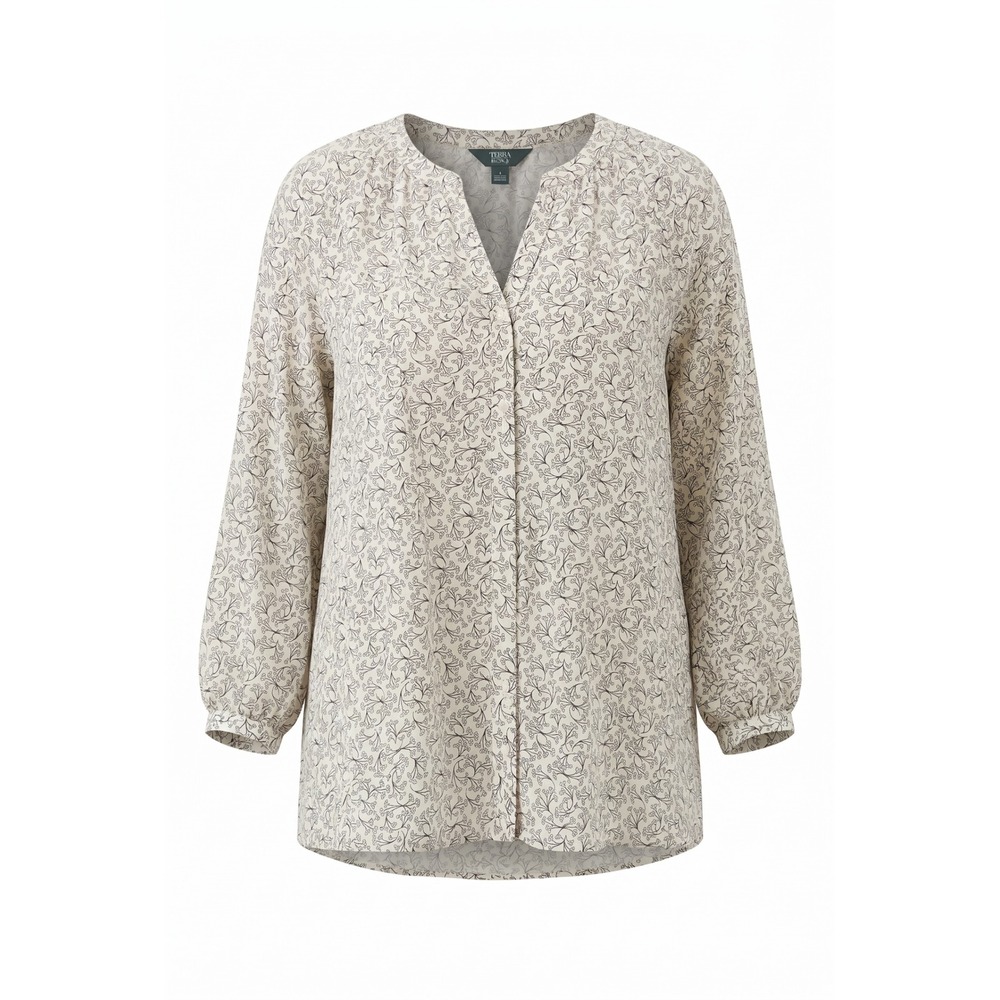 Terra & Sky Womens 2X 20W-22W Floral Long Sleeve Split Neck Rayon Blouse White